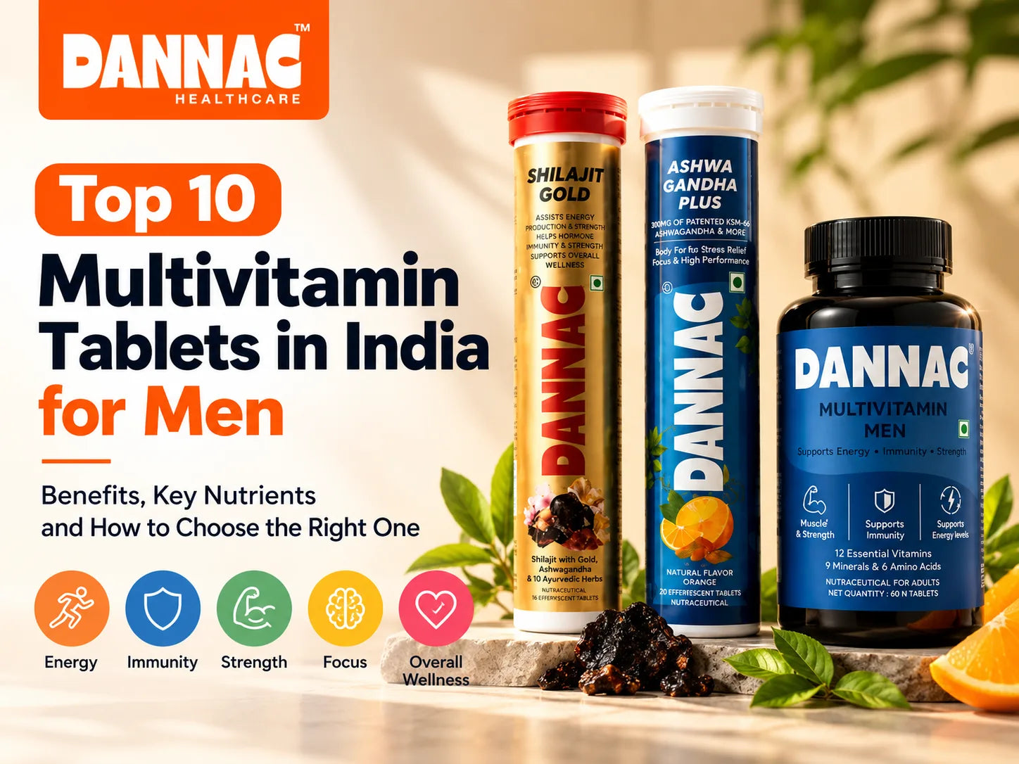 Top 10 multivitamin tablets in India for men featuring DANNAC Multivitamin Men and daily wellness supplements