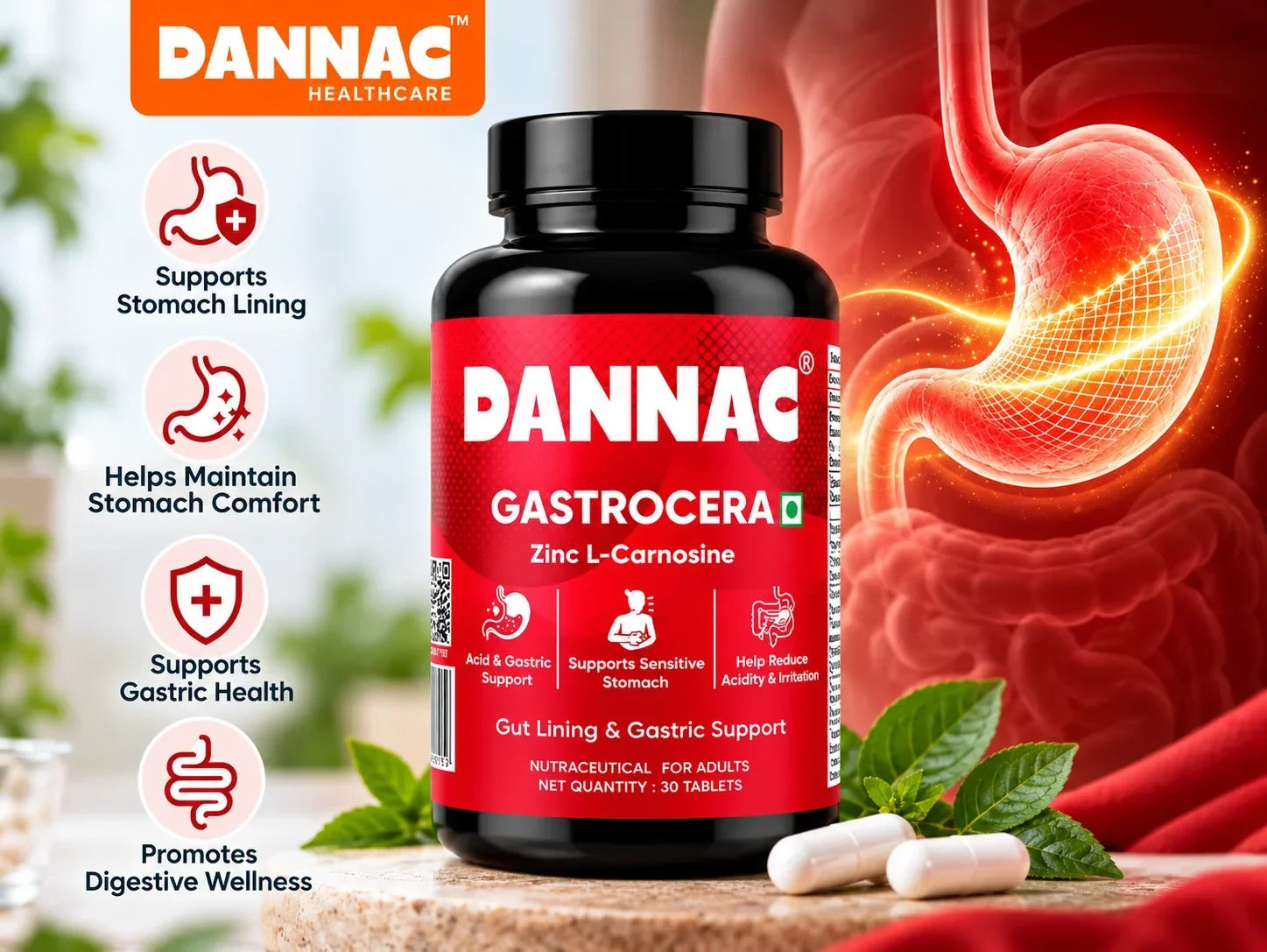 DANNAC GASTROCERA Zinc L-Carnosine supplement for stomach lining and digestive wellness